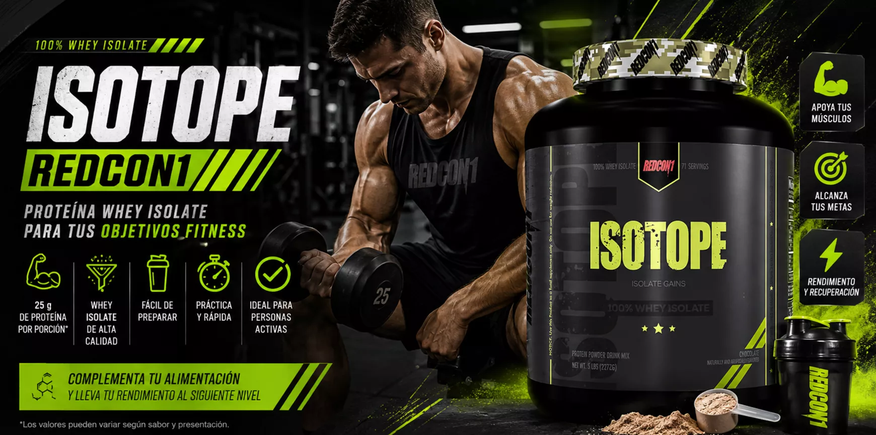 ISOTOPE REDCON1, 100% Whey Isolate. Proteína whey isolate para tus objetivos fitness: 25 g de proteína por porción, whey isolate de alta calidad, fácil de preparar, práctica y rápida, ideal para personas activas.