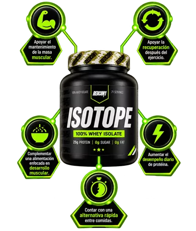 Beneficios de ISOTOPE REDCON1: apoyar el mantenimiento de la masa muscular, complementar una alimentación enfocada en desarrollo muscular, apoyar la recuperación después del ejercicio, aumentar el consumo diario de proteína y contar con una alternativa rápida entre comidas.