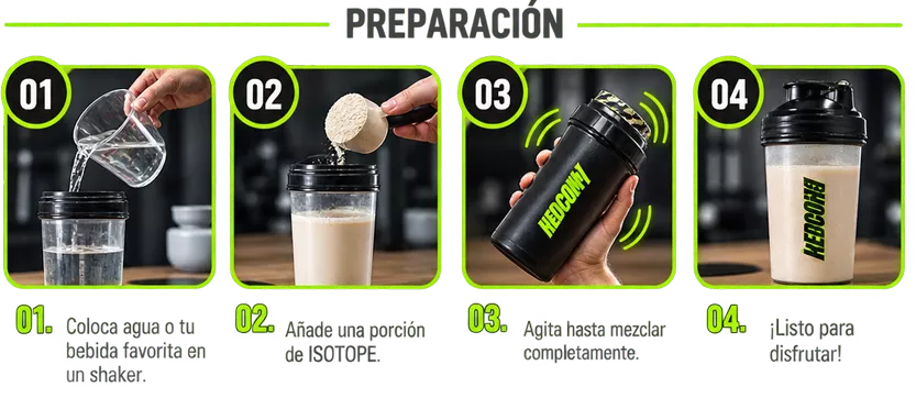 Preparación en 4 pasos: 1. Coloca agua o tu bebida favorita en un shaker. 2. Añade una porción de ISOTOPE. 3. Agita hasta mezclar completamente. 4. ¡Listo para disfrutar!
